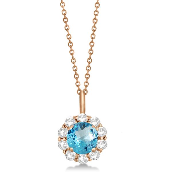 Halo Diamond and Blue Topaz Lady Di Pendant Necklace 18k Rose Gold (1.69ct)