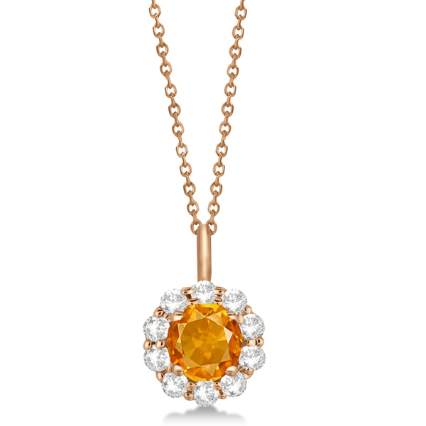 Halo Diamond and Citrine Lady Di Pendant Necklace 18k Rose Gold (1.69ct)