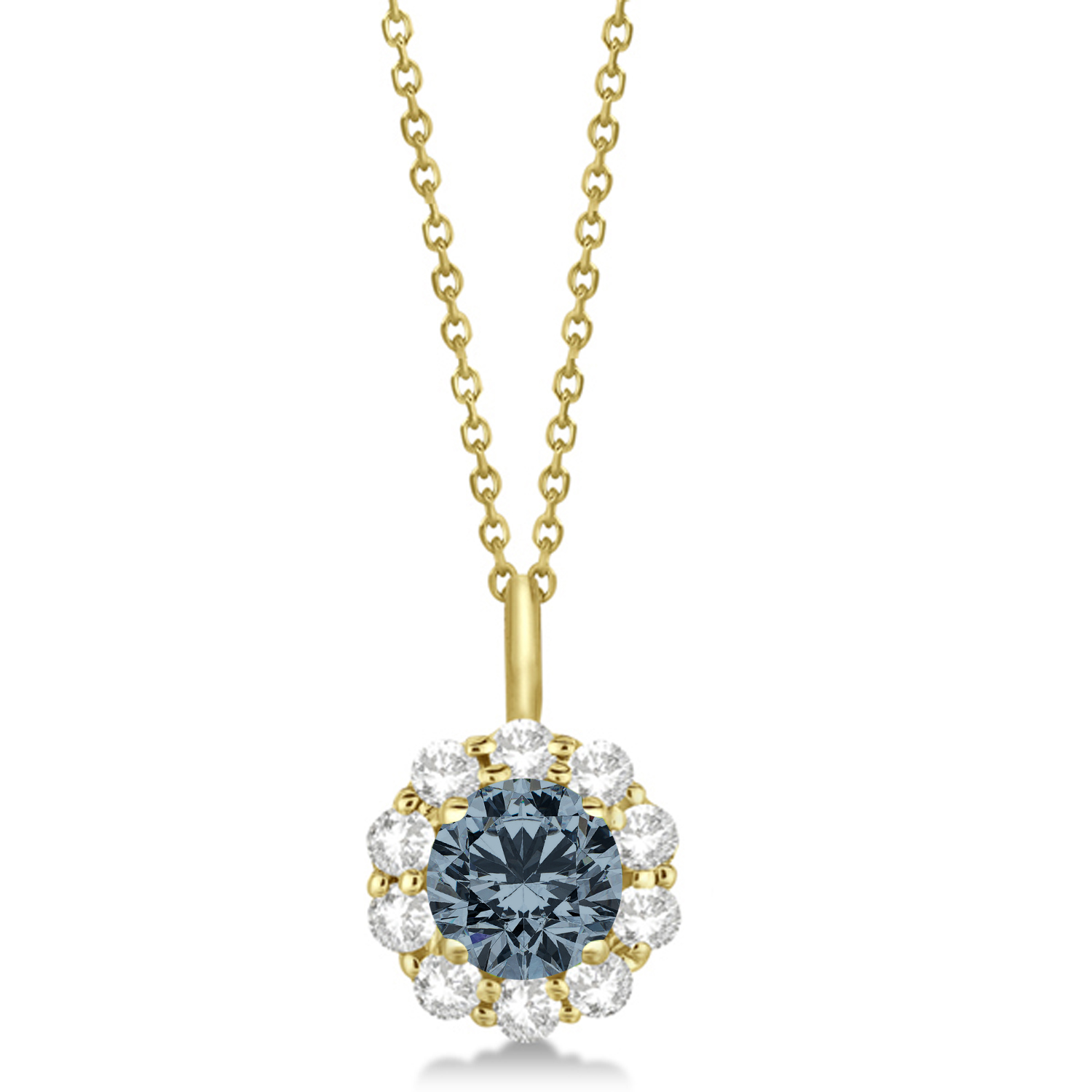 Halo Diamond and Gray Spinel Lady Di Pendant Necklace 18k Yellow Gold (1.69ct)