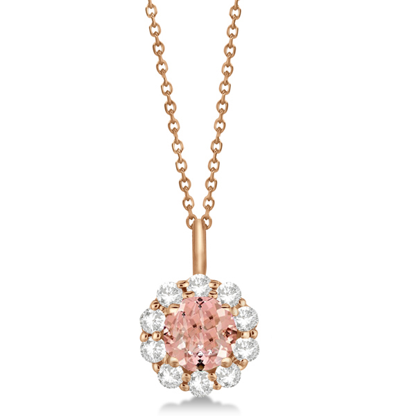 Halo Diamond and Morganite Lady Di Pendant Necklace 18k Rose Gold (1.69ct)