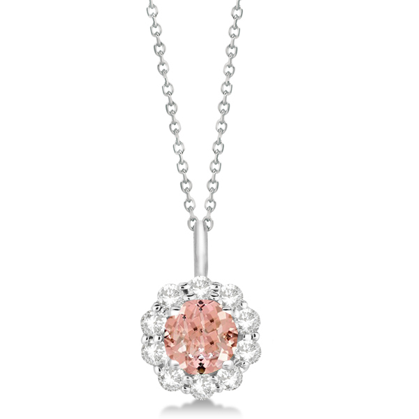 Halo Diamond and Morganite Lady Di Pendant Necklace 18k White Gold (1.69ct)