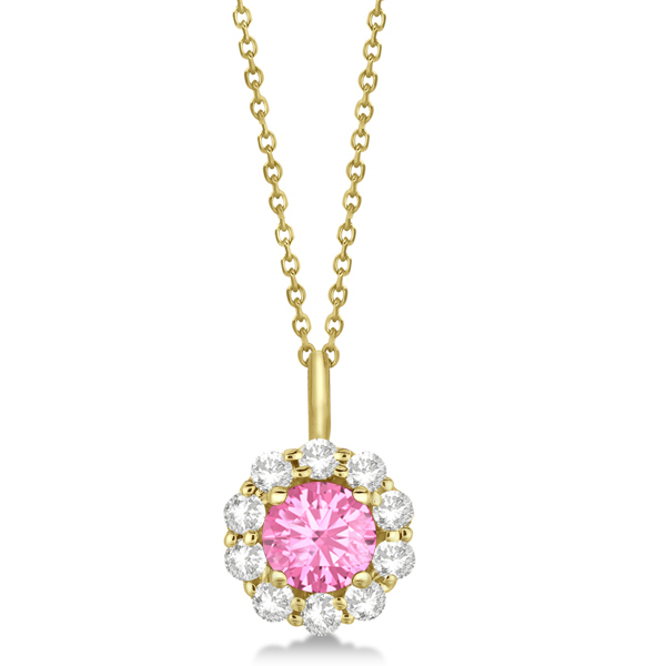 Halo Diamond and Pink Tourmaline Lady Di Pendant Necklace 14K Yellow Gold (1.69ct)