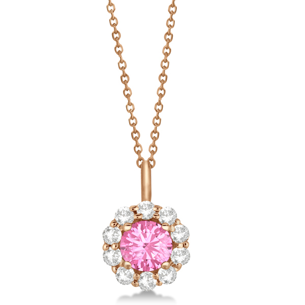 Halo Diamond and Pink Tourmaline Lady Di Pendant Necklace 18k Rose Gold (1.69ct)