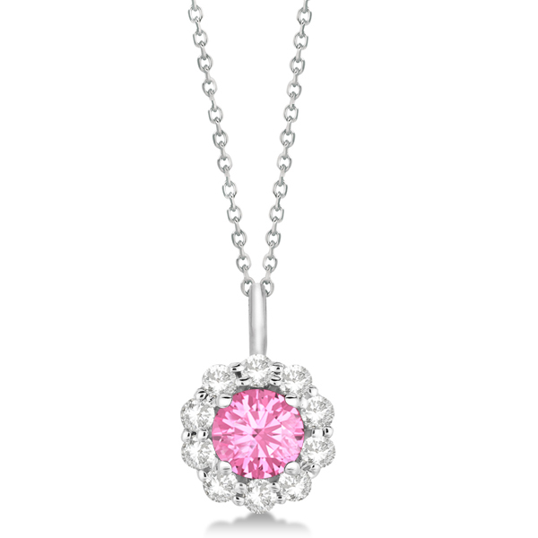 Halo Diamond and Pink Tourmaline Lady Di Pendant Necklace 18k White Gold (1.69ct)