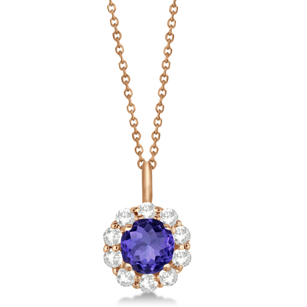 Halo Diamond and Tanzanite Lady Di Pendant Necklace 14K Rose Gold (1.69ct)