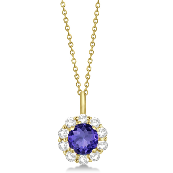 Halo Diamond and Tanzanite Lady Di Pendant Necklace 18k Yellow Gold (1.69ct)