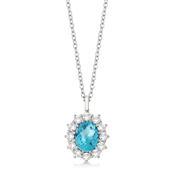Oval Blue Topaz & Diamond Pendant Necklace 14k White Gold (3.60ctw)