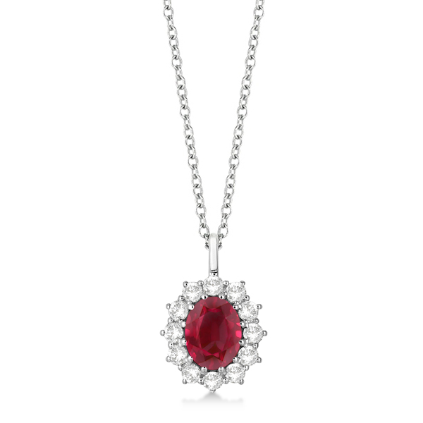 Oval Ruby & Diamond Pendant Necklace 18k White Gold (3.60ctw)