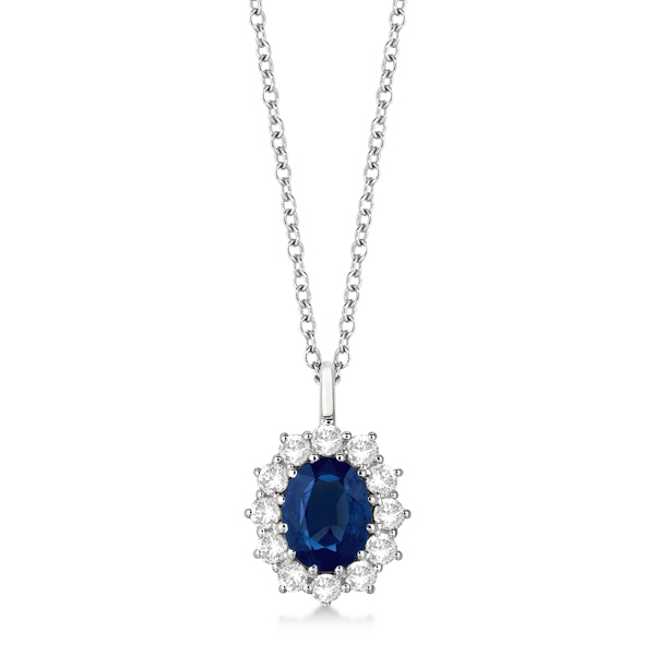 Oval Lab Blue Sapphire & Lab  Diamond Pendant Necklace 18k White Gold (3.60ctw)