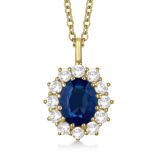 Oval Lab Blue Sapphire & Lab  Diamond Pendant Necklace 14k Yellow Gold (3.60ctw)