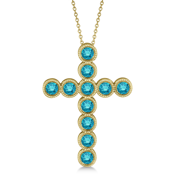 Blue Diamond Cross Pendant Necklace 14k Yellow Gold (1.57ct)
