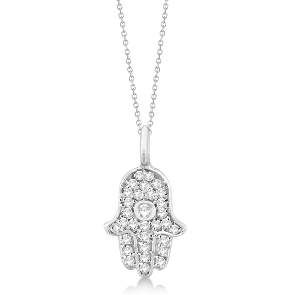 Diamond Hamsa Hand Pendant Necklace 14K White Gold (0.17ct)
