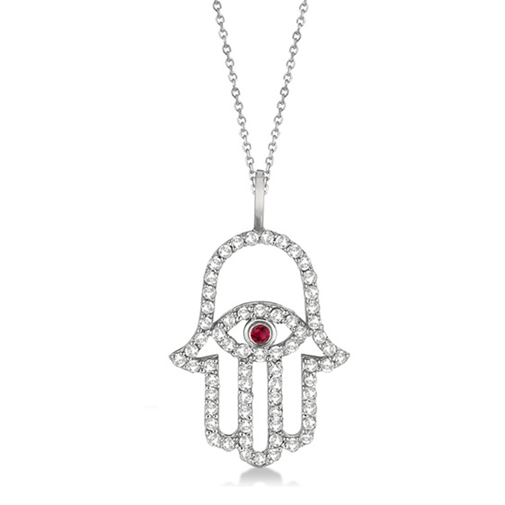 Diamond & Ruby Hamsa Evil Eye Pendant Necklace 14k White Gold (0.51ct)