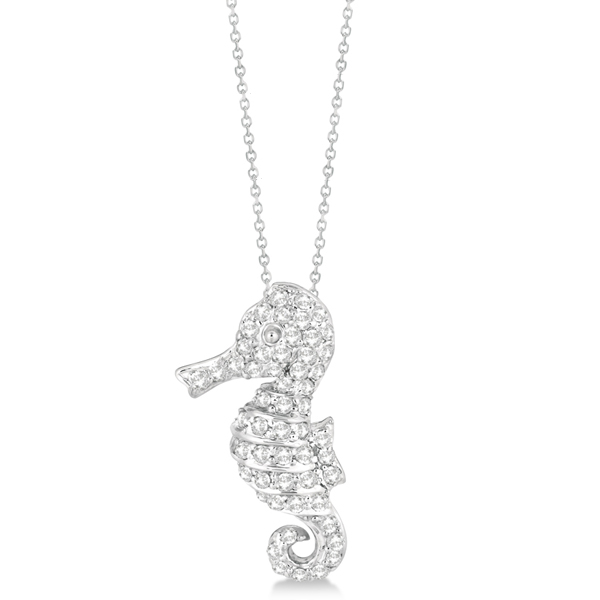 Pave Diamond Seahorse Pendant Necklace 14K White Gold (0.64ct)