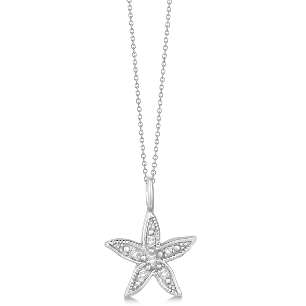 Diamond Accented Petite Starfish Pendant Necklace 14k White Gold (0.04ct)