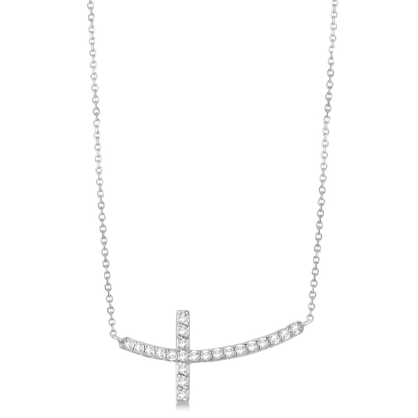 Lab Grown Diamond Sideways Curved Cross Pendant Necklace 14k White Gold 0.33ct