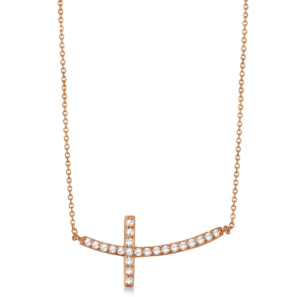 Lab Grown Diamond Sideways Curved Cross Pendant Necklace 14k Rose Gold 0.50ct