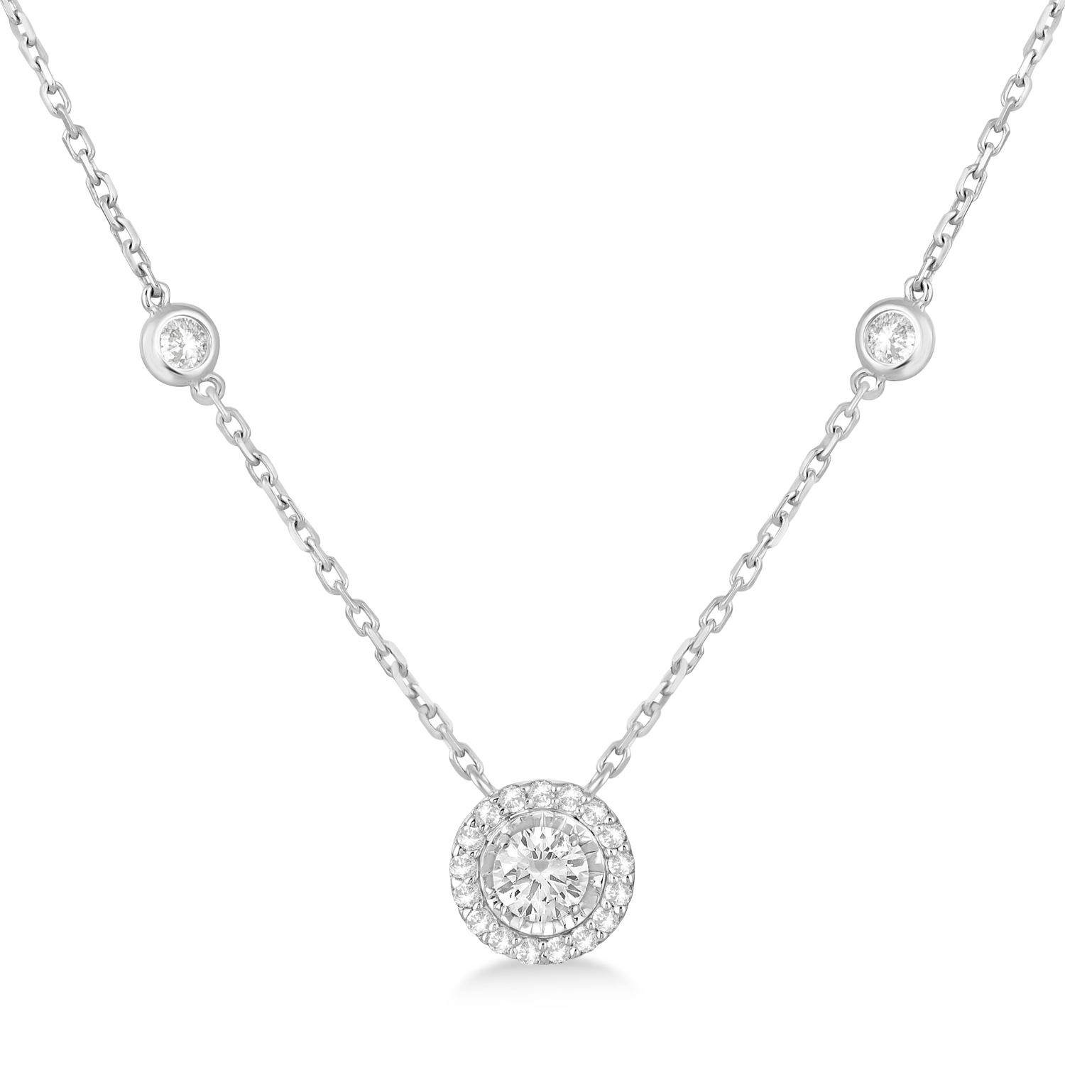 Diamond Halo Pendant Station Necklace in 14k White Gold (0.75 ctw)