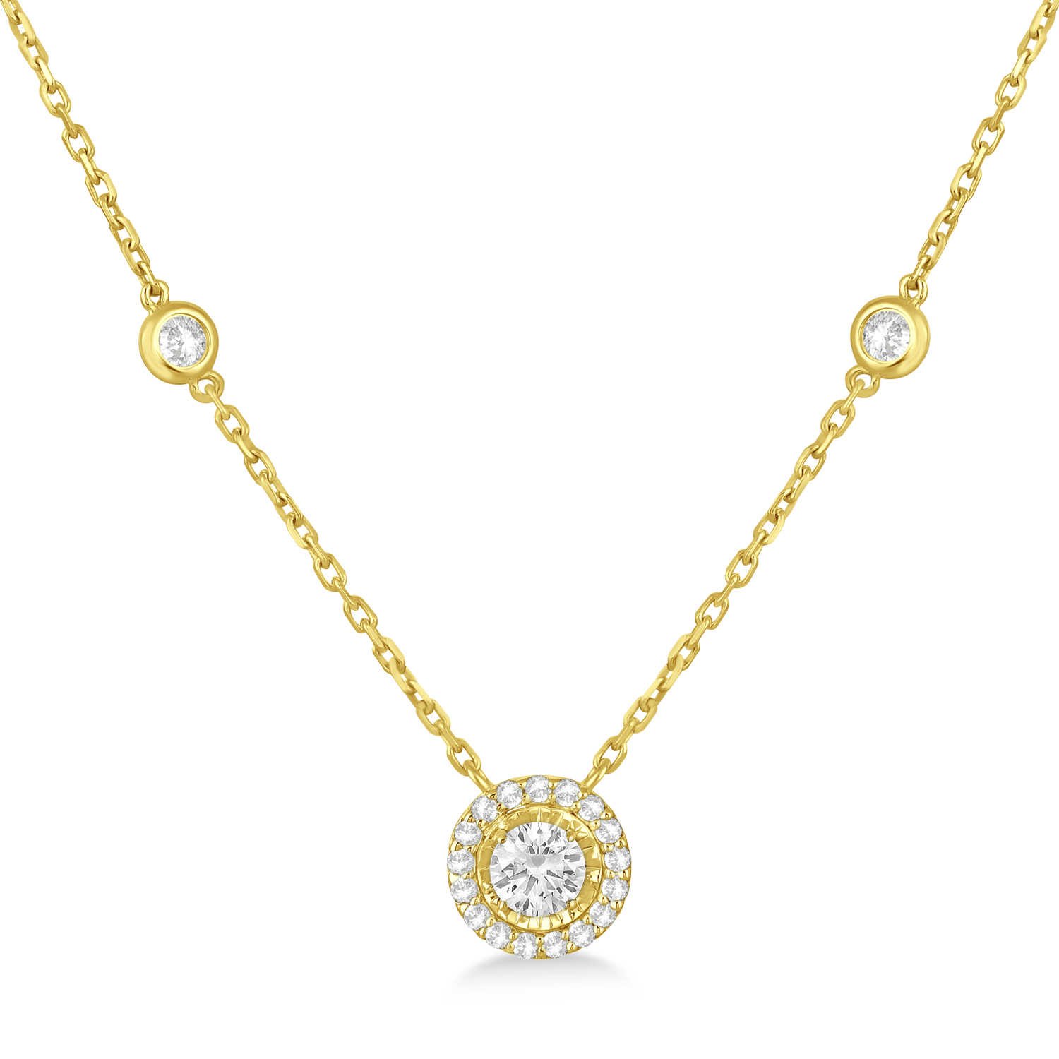 Diamond Halo Pendant Station Necklace in 14k Yellow Gold (1.50 ctw)