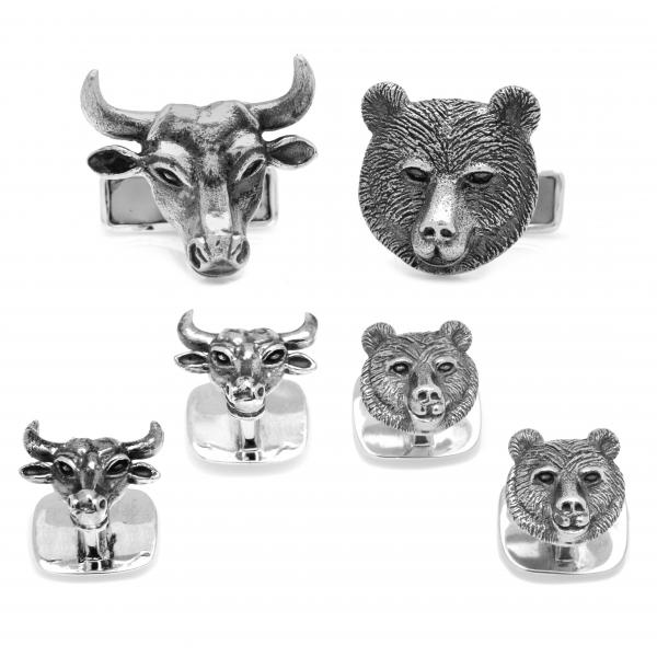 Men's Sterling Silver Engravable Bull and Bear Head Stud Set