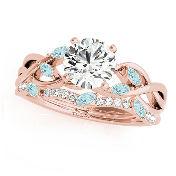 Twisted Round Aquamarines & Diamonds Bridal Sets 14k Rose Gold (1.23ct)