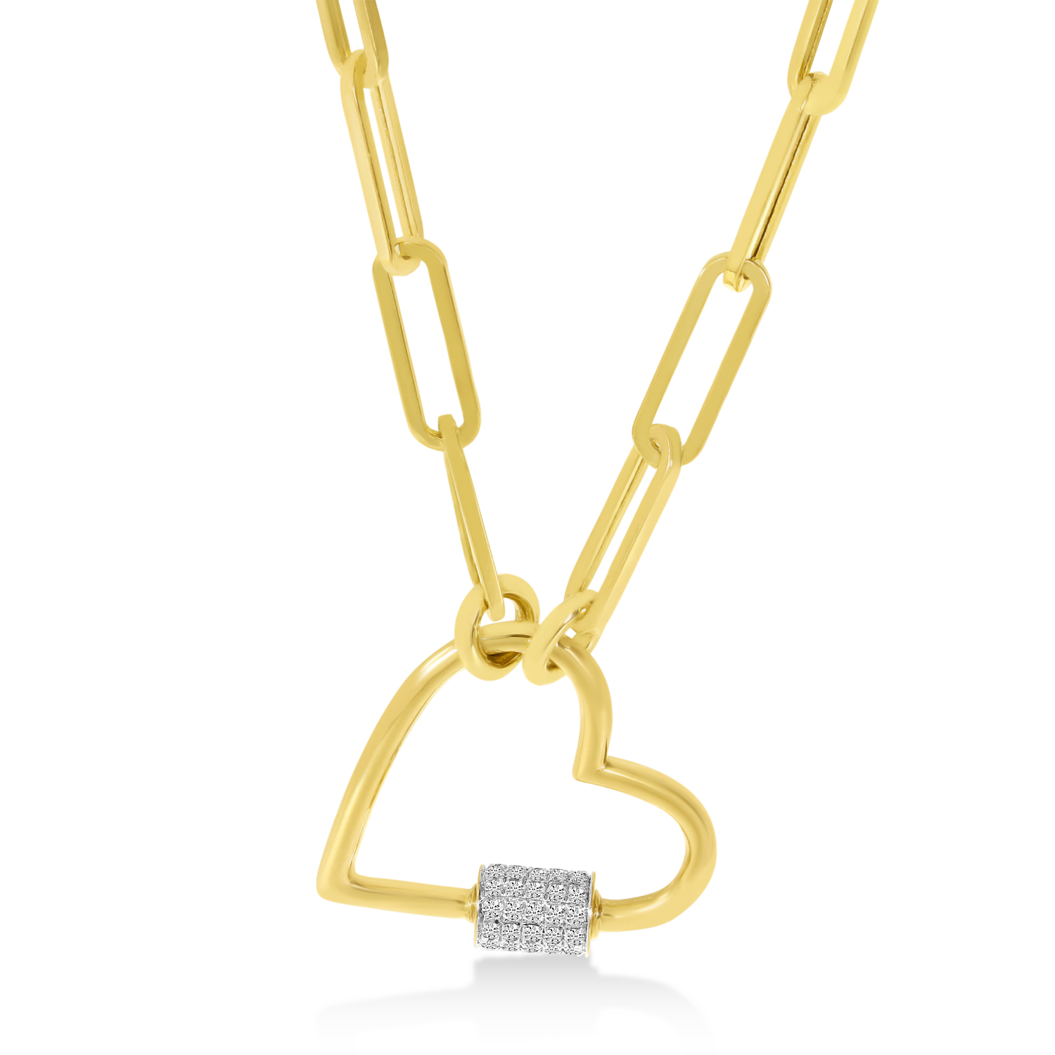 Diamond Paperclip Chain Heart Carabiner Pendant Necklace 14k Yellow Gold (0.22ct)