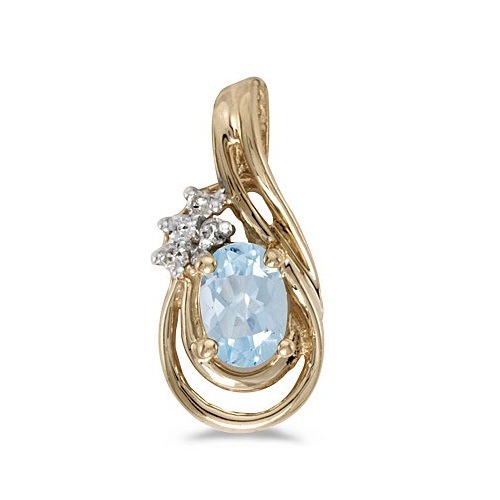 Oval Aquamarine & Diamond Teardrop Pendant Necklace 14k Yellow Gold