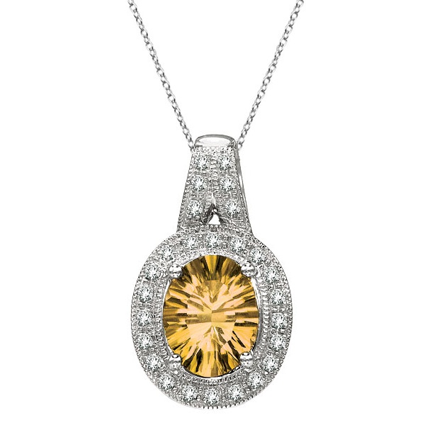 Oval Citrine and Diamond Pendant Necklace 14k White Gold