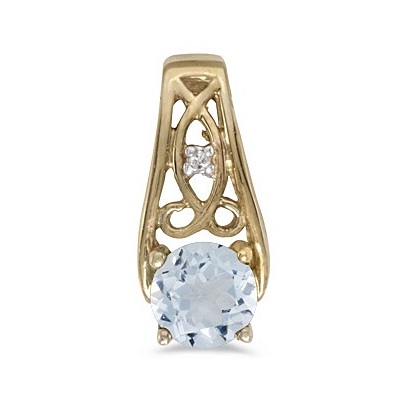 Antique Style Aquamarine and Diamond Pendant Necklace 14k Yellow Gold