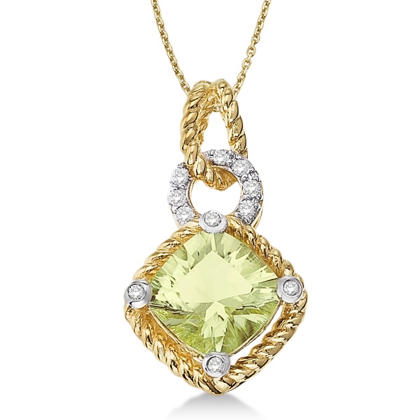 Cushion Green Amethyst Rope Pendant Necklace 14k Yellow Gold (1.85ct)