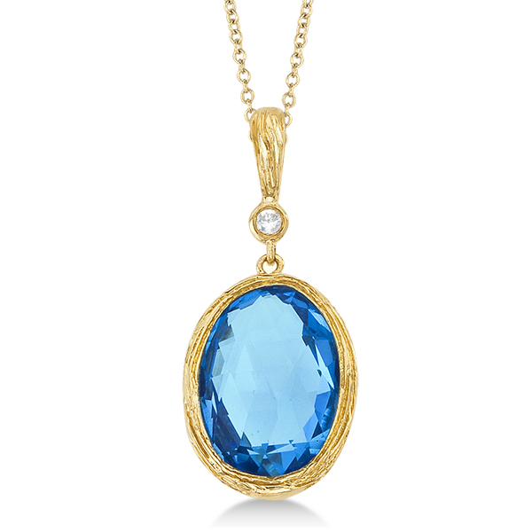 Antique Blue Topaz & Diamond Pendant Necklace 14k Yellow Gold 6.75ct