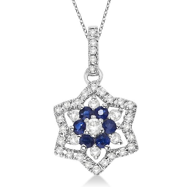 Blue Sapphire & Diamond Star Pendant Necklace 14k White Gold (0.55ct)