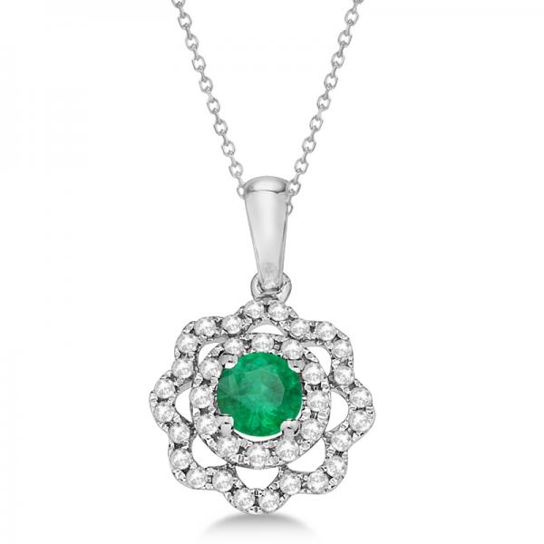 Green Emerald Flower Pendant Necklace in 14K White Gold (0.54ct)