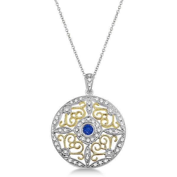 Antique Filigree Sapphire & Diamond Pendant 14K Two Tone Gold (0.51ct)
