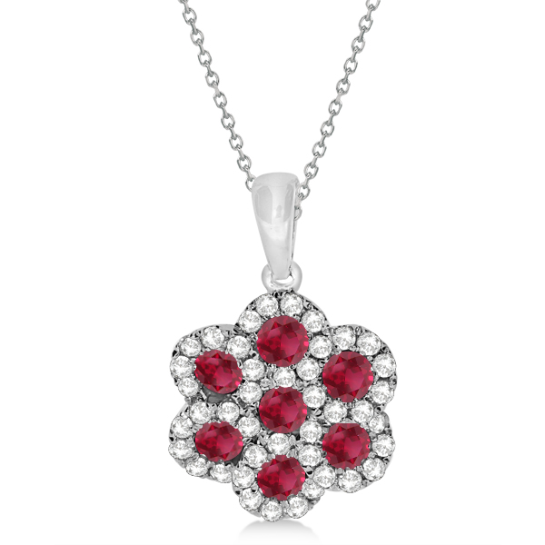 Ruby & Diamond Flower Cluster Pendant Necklace 14k W. Gold 0.92ct CM89
