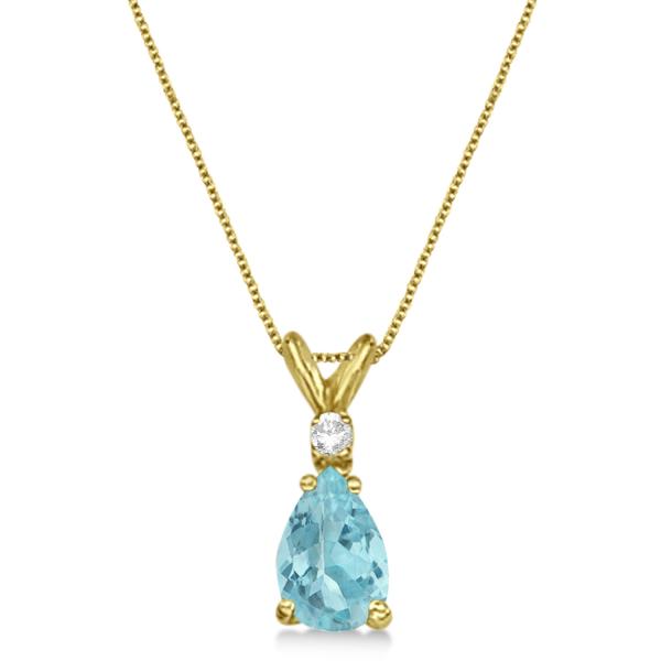 Pear Aquamarine & Diamond Solitaire Pendant Necklace 14k Yellow Gold (0.75ct)