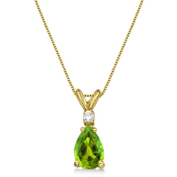 Pear Peridot & Diamond Solitaire Pendant Necklace 14k Yellow Gold (0.75ct)