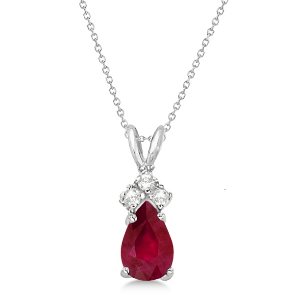 Pear Lab Ruby & Lab Grown Diamond Solitaire Pendant Necklace 14k White Gold (0.75ct)