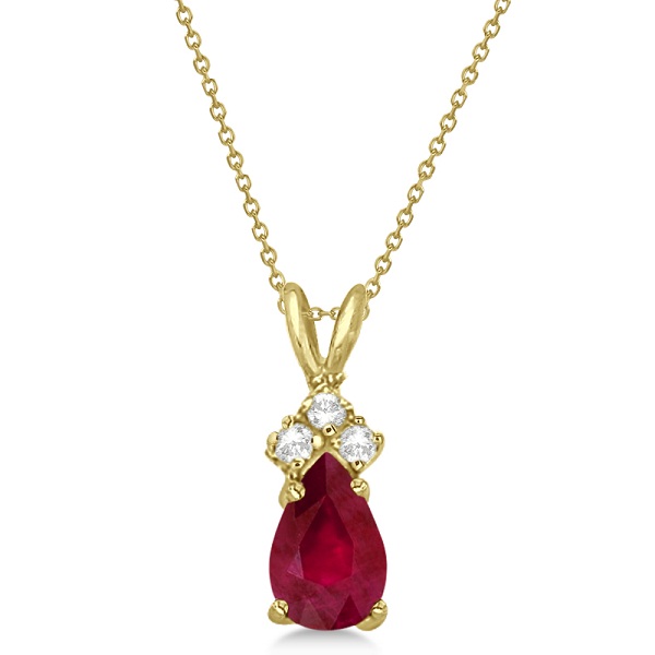 Pear Ruby & Diamond Solitaire Pendant Necklace 14k Yellow Gold (0.75ct)