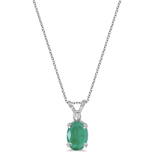 Oval Emerald and Diamond Solitaire Pendant 14K White Gold (0.75ct)