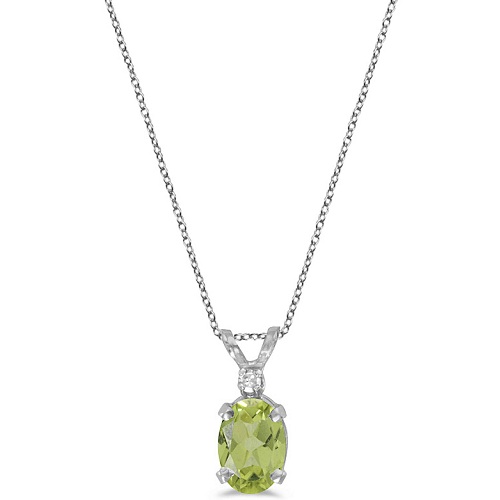 Oval Peridot and Diamond Solitaire Pendant 14K White Gold (0.93ct)