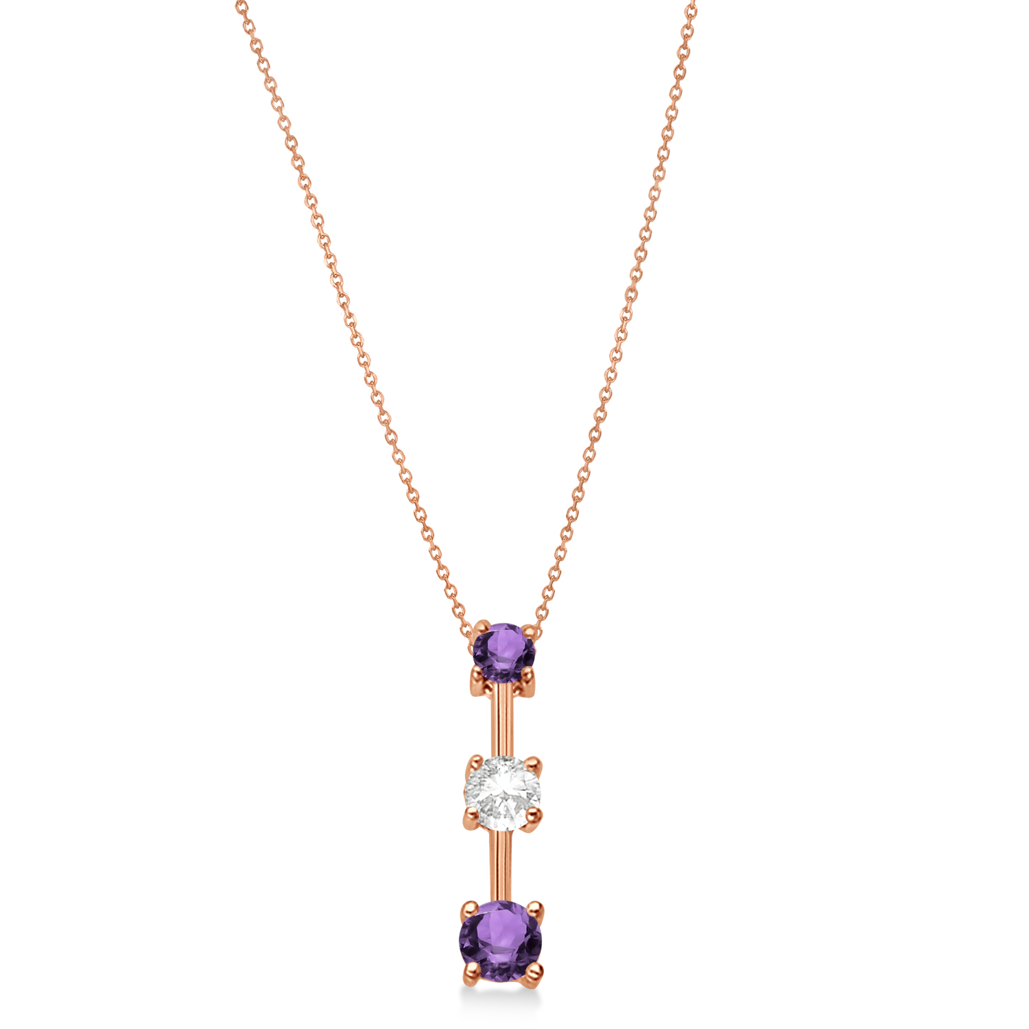 Amethysts & Diamond Three-Stone Necklace 14k Rose Gold (0.50ct)