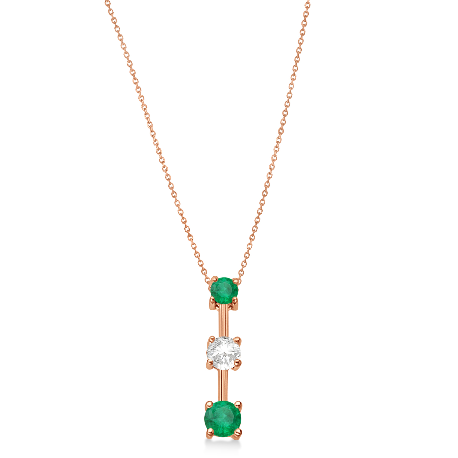 Lab Emeralds & Lab Diamond Three-Stone Necklace 14k Rose Gold (0.25ct)