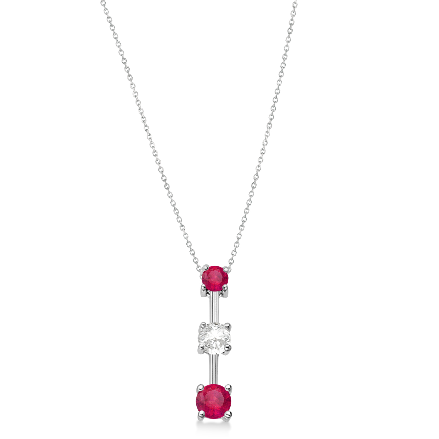 Lab Rubies & Lab Diamond Three-Stone Necklace 14k White Gold (0.50ct)