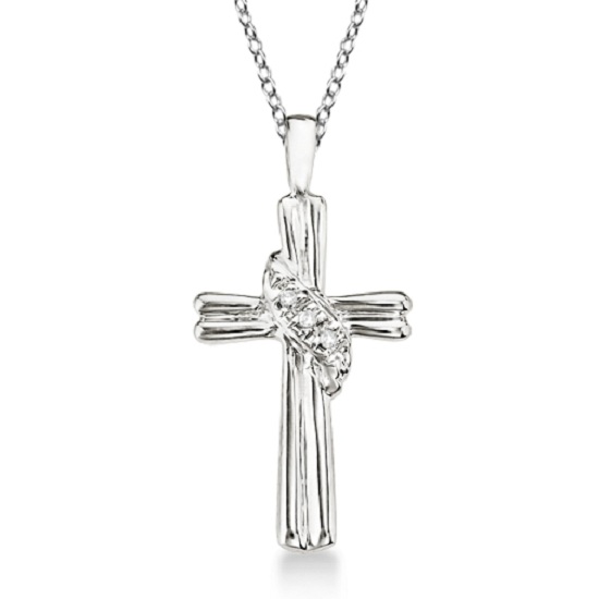 Grooved Fashion Diamond Cross Pendant Necklace 14k White Gold 0.03ct