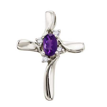 Amethyst & Diamond Cross Necklace Pendant 14k White Gold (0.50ct)