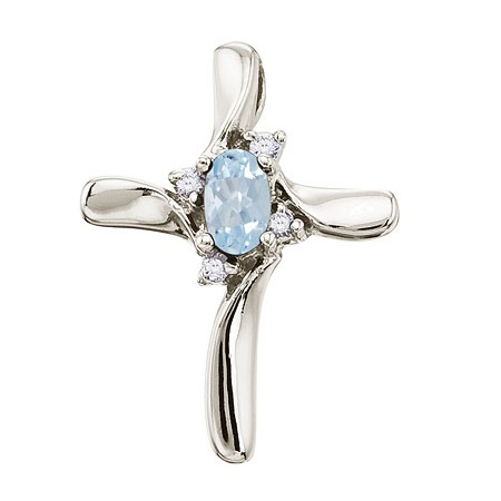 Aquamarine & Diamond Cross Necklace Pendant 14k White Gold (0.50ct)
