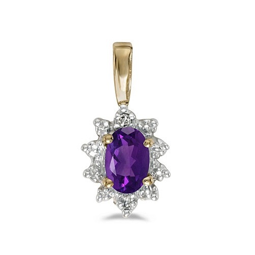 Oval Amethyst & Diamond Flower Shaped Pendant Necklace 14k Yellow Gold