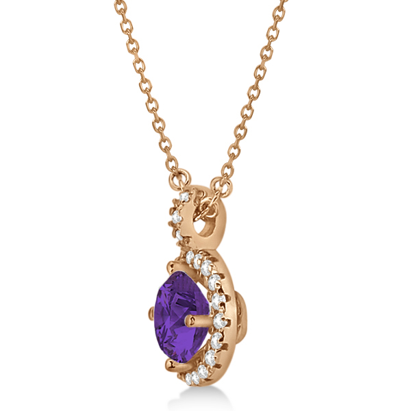 Amethyst & Diamond Halo Pendant Necklace 14k Rose Gold (0.77ct)