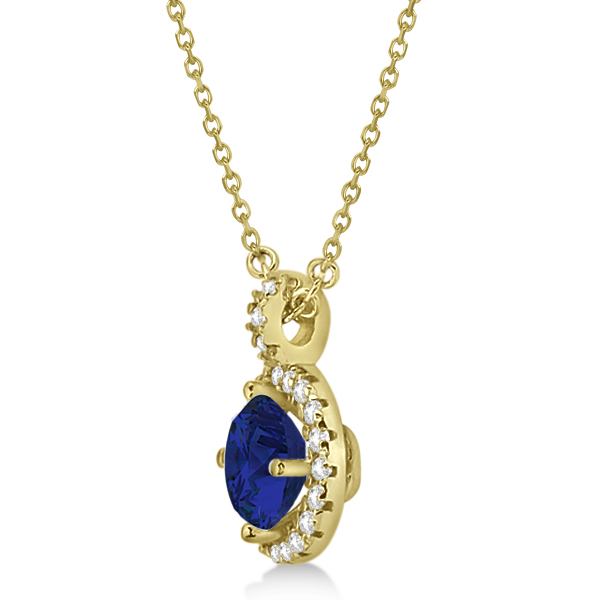 Blue Sapphire & Diamond Halo Pendant Necklace 14k Yellow Gold (1.07ct)